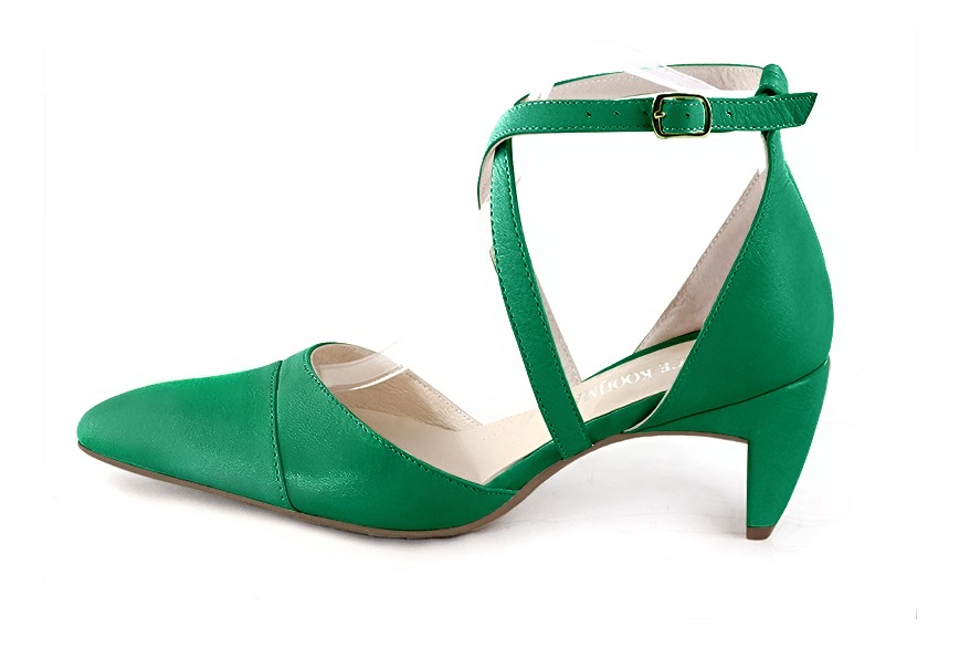 Emerald green women's open side shoes, with crossed straps. Tapered toe. Medium comma heels. Profile view - Florence KOOIJMAN